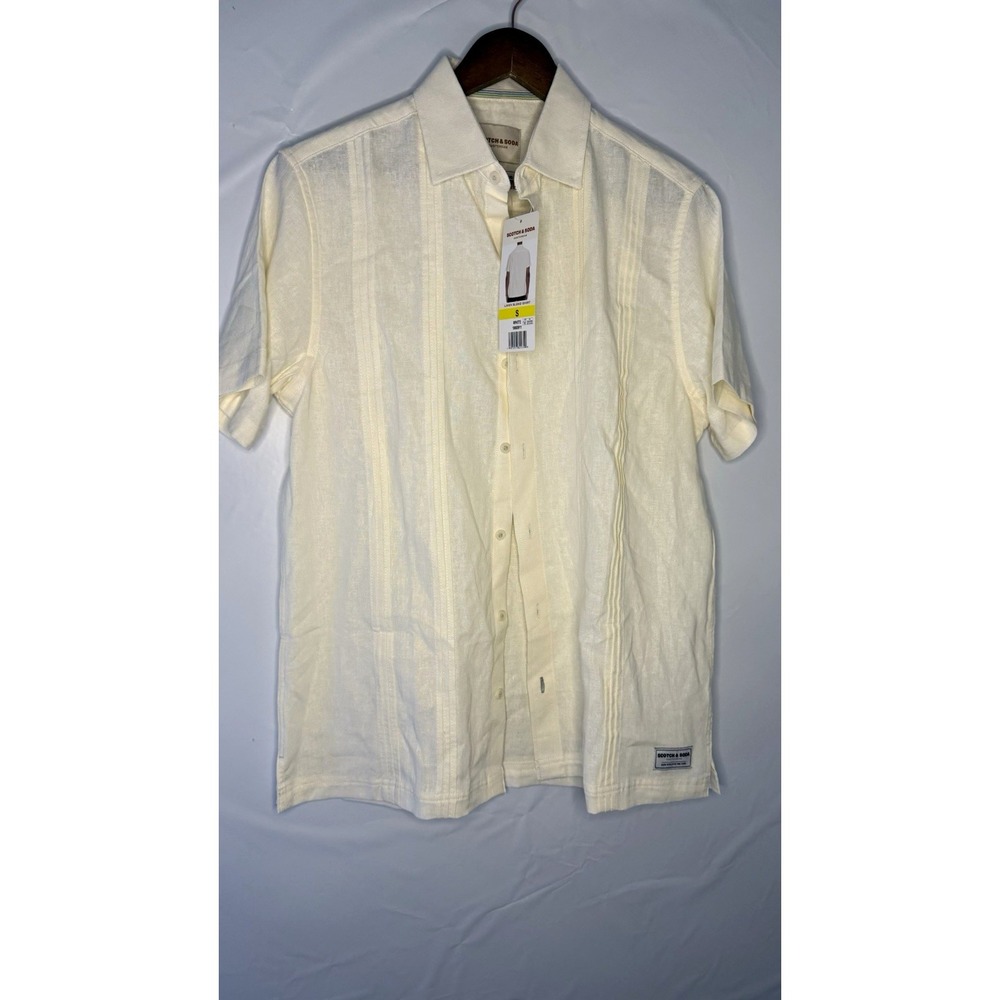 Scotch & Soda Men's S White Linen Blend Short Sleeve Button-Up Point Collar